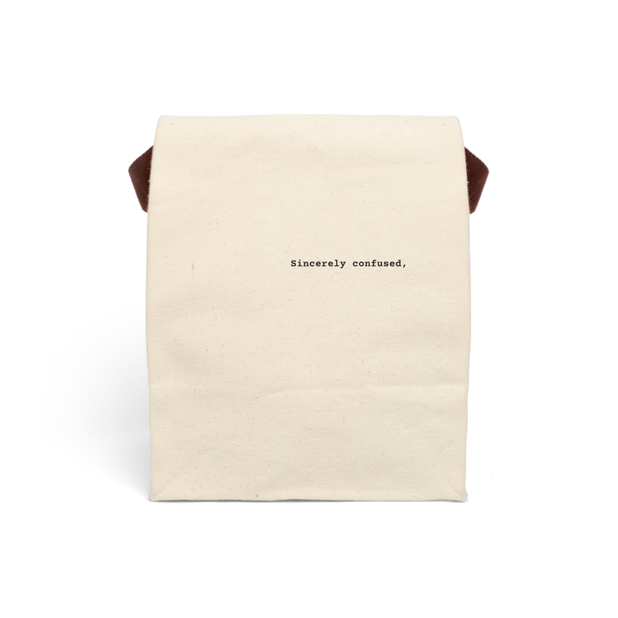 Corporate Lunch Bag — "Sincerely confused" Minimalist Lunch Tote with Strap