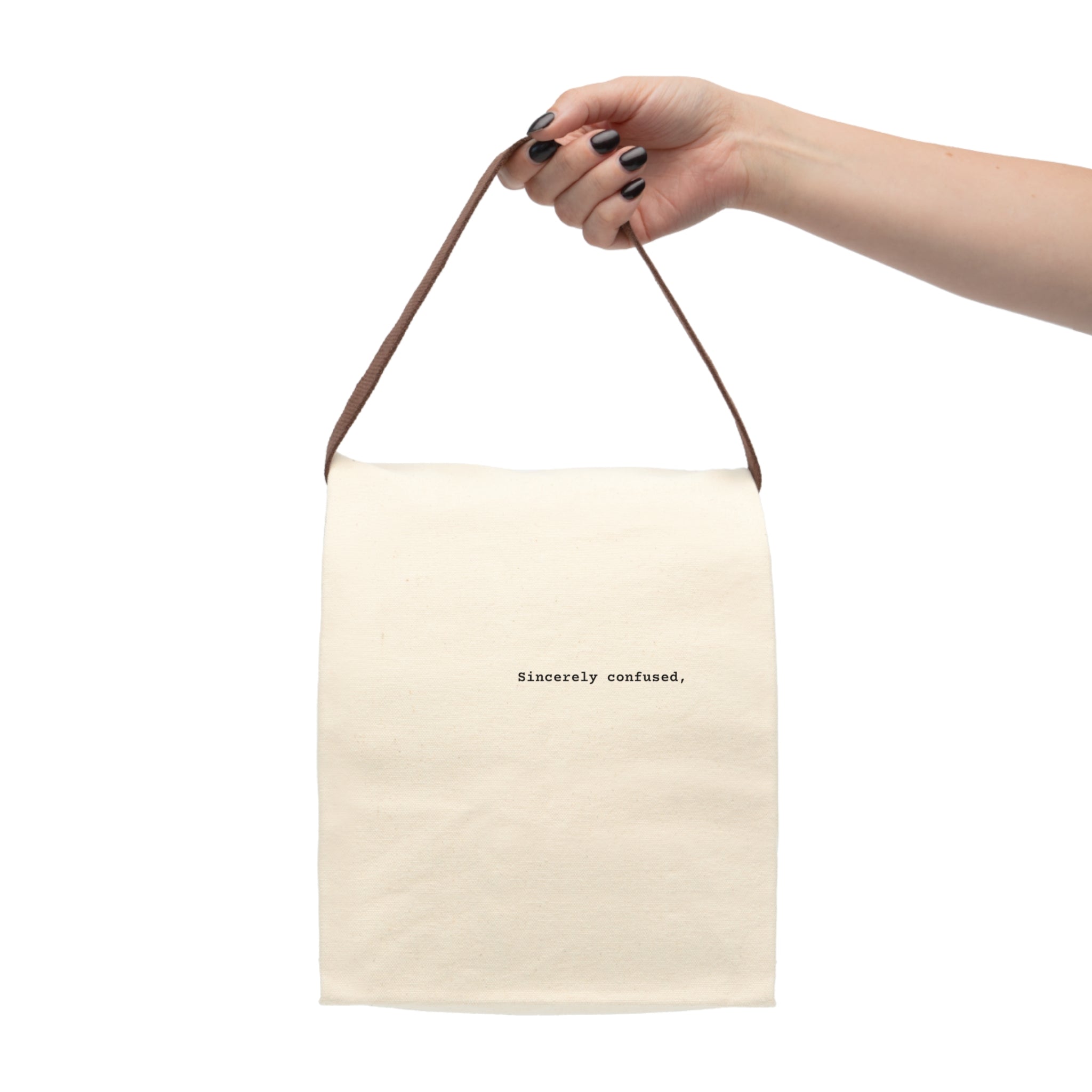 Corporate Lunch Bag — "Sincerely confused" Minimalist Lunch Tote with Strap